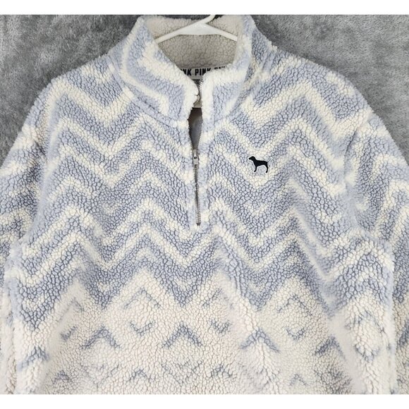 Victorias Secret Pink Sweater Womens Medium Blue White Fair Isle 1/4 Zip Sherpa - Picture 6 of 10